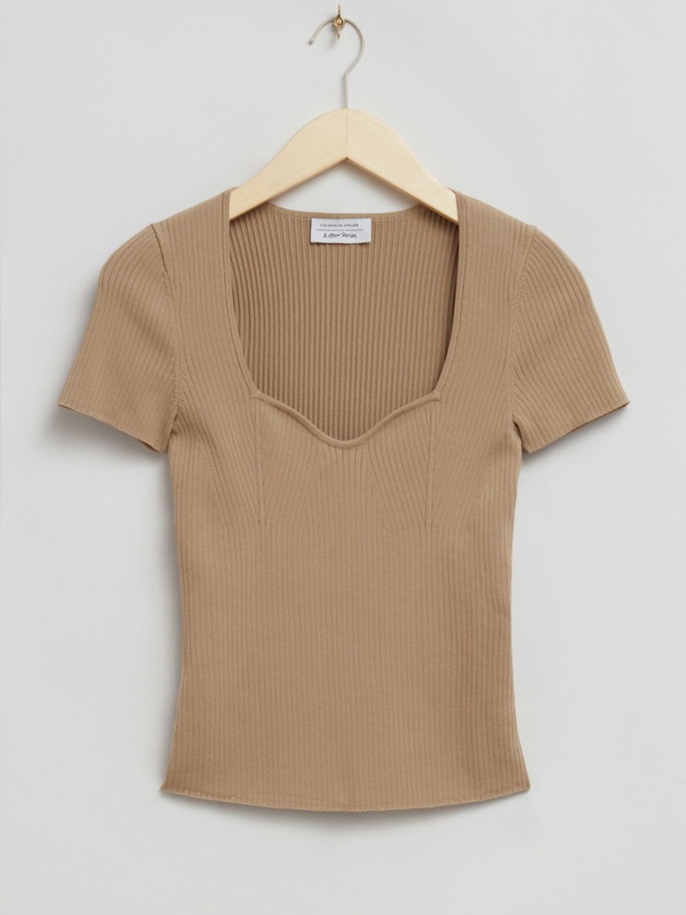 & Other Stories Ribbed Sweetheart Short Sleeve Top in Camel/Tan XS